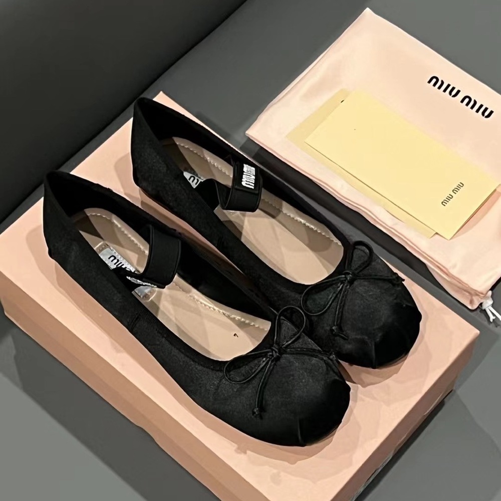 Miu Miu Black Satin Ballet Flats with Bow and Elastic Strap